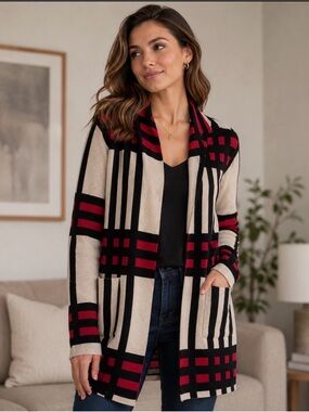 Oliver Striped Knit Cardigan in Black, Cream & Red